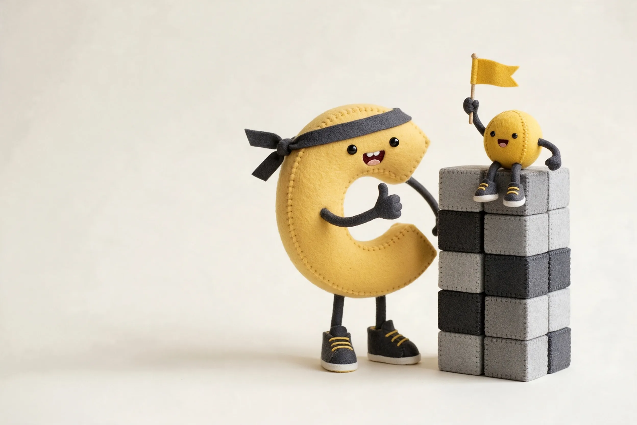 The C and the full stop next to a finished tower of blocks, the full stop waving a yellow flag