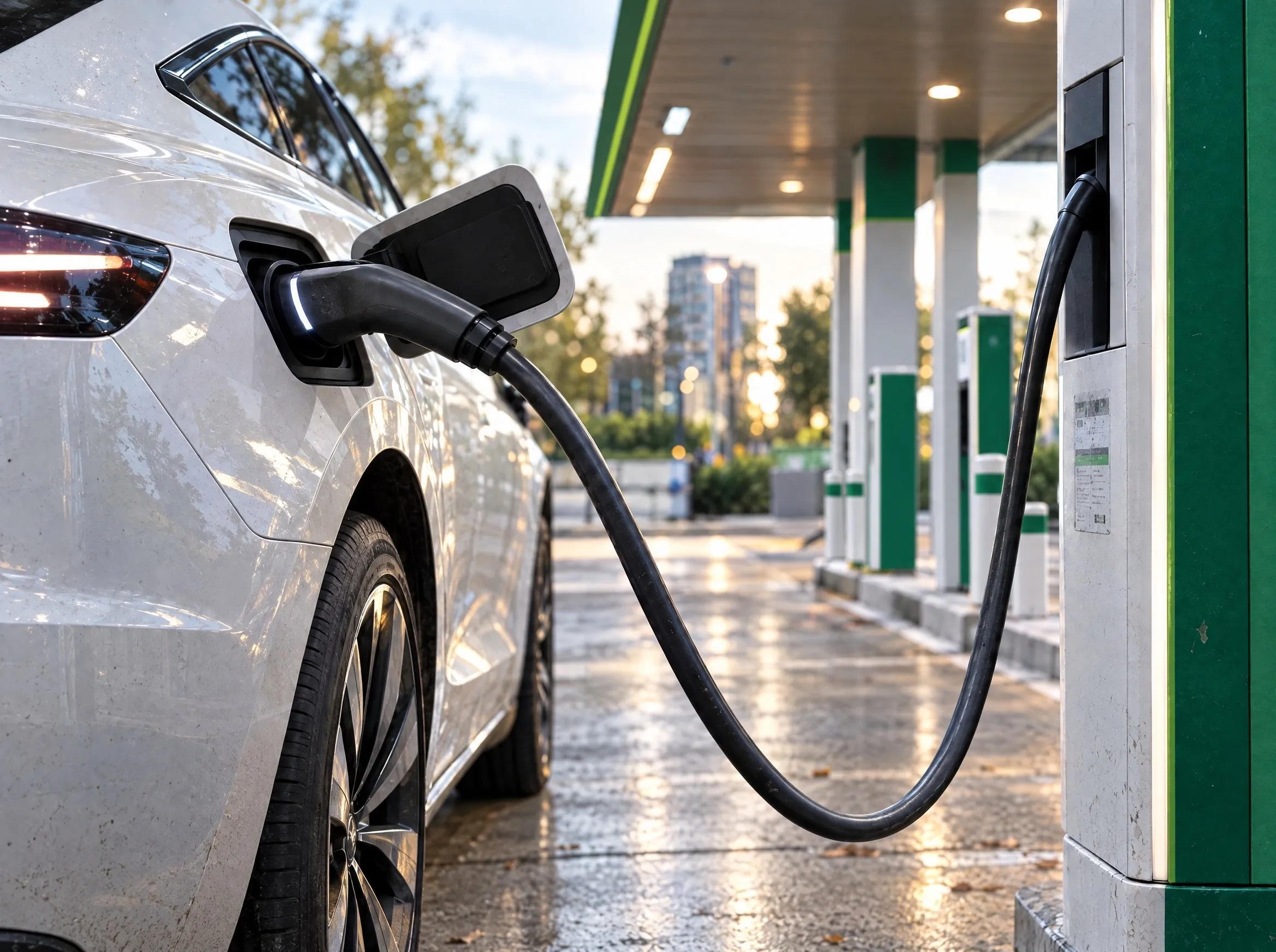 A charging cable plugged into an electric car at night