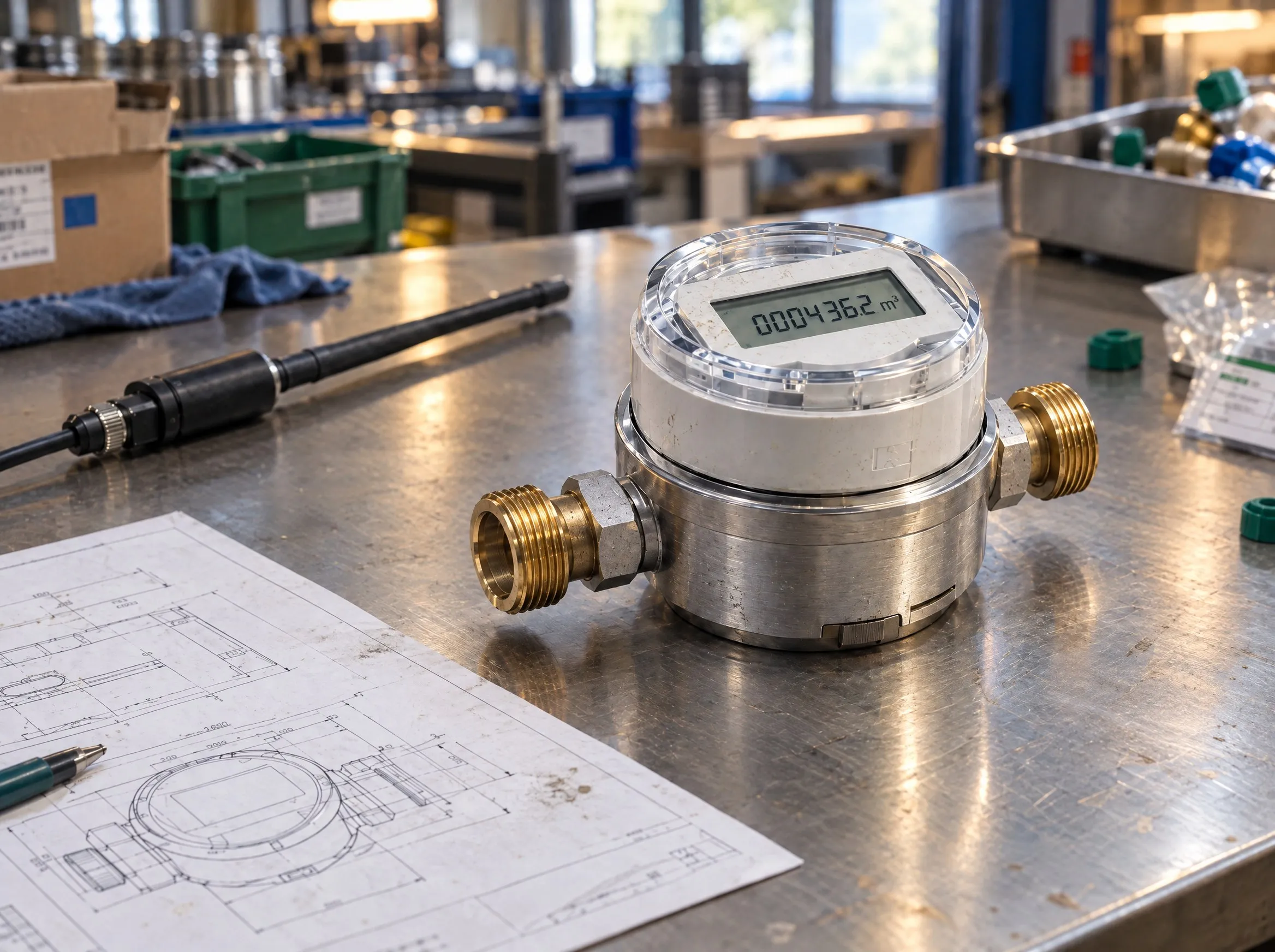 A digital water meter with brass fittings on a steel bench