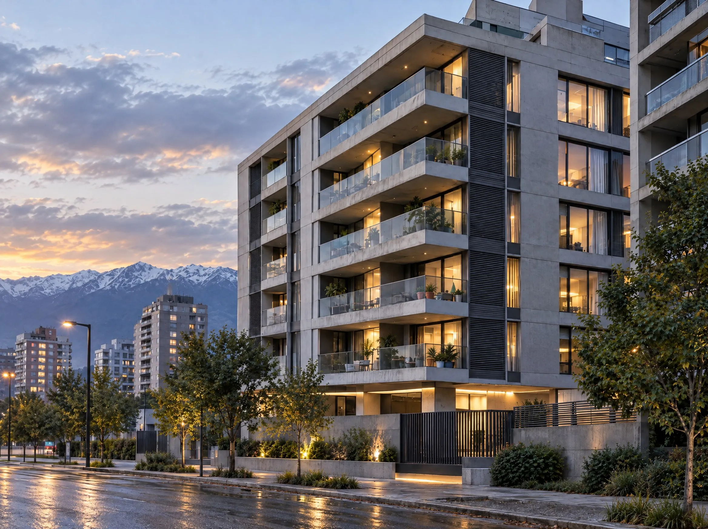 The facade of a modern building at dusk