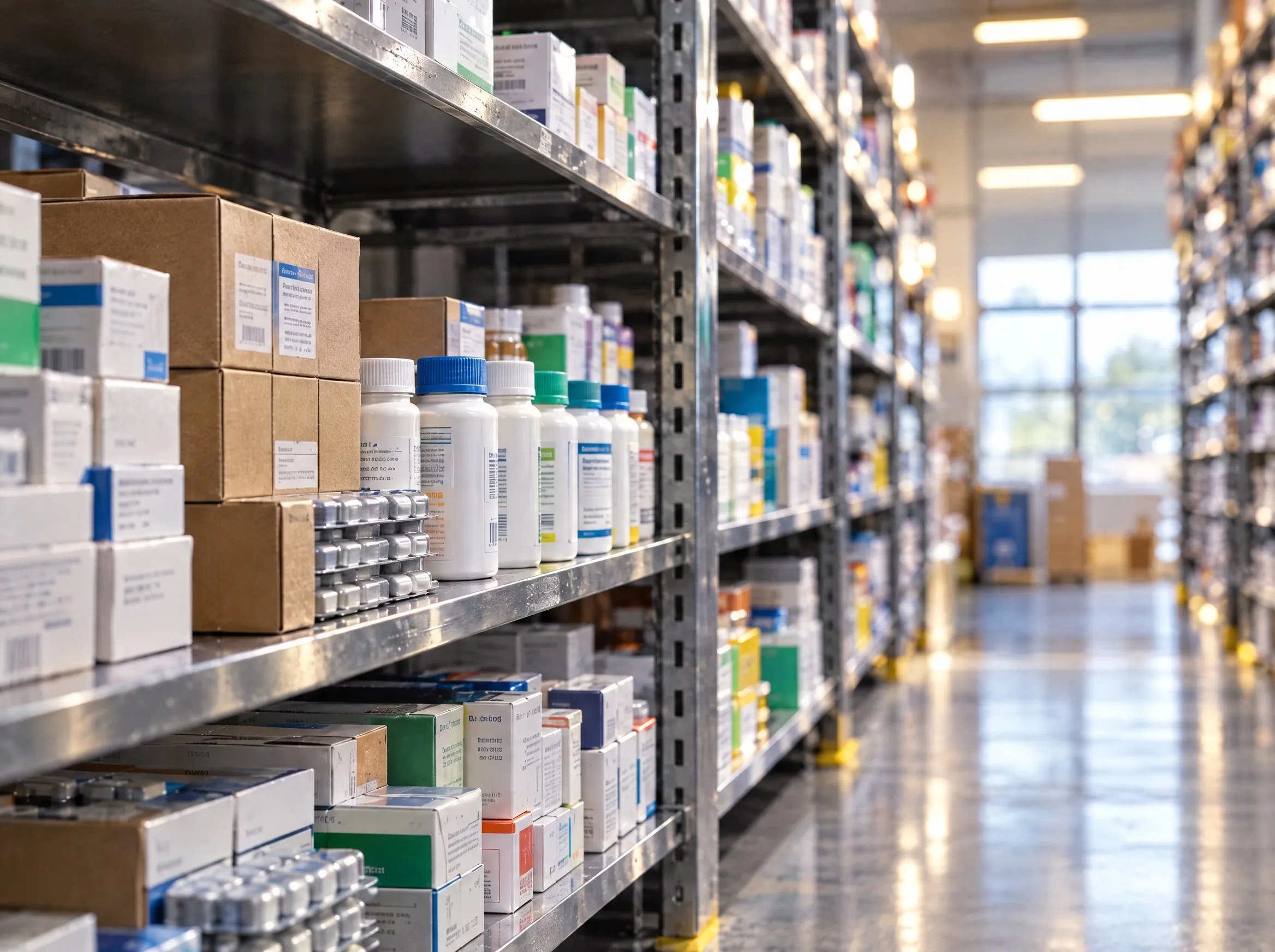 Rows of white pharmaceutical packaging on a steel shelf
