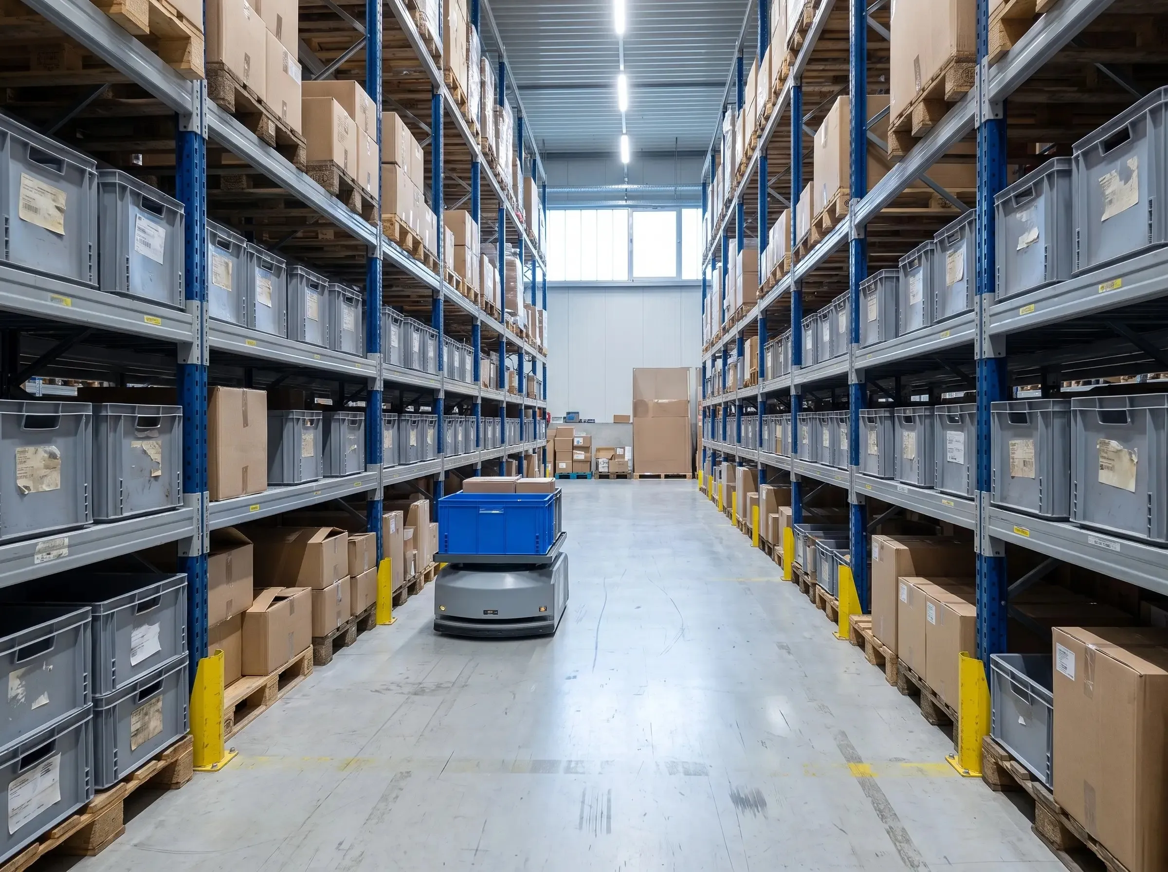 An automated warehouse aisle with a small mobile robot