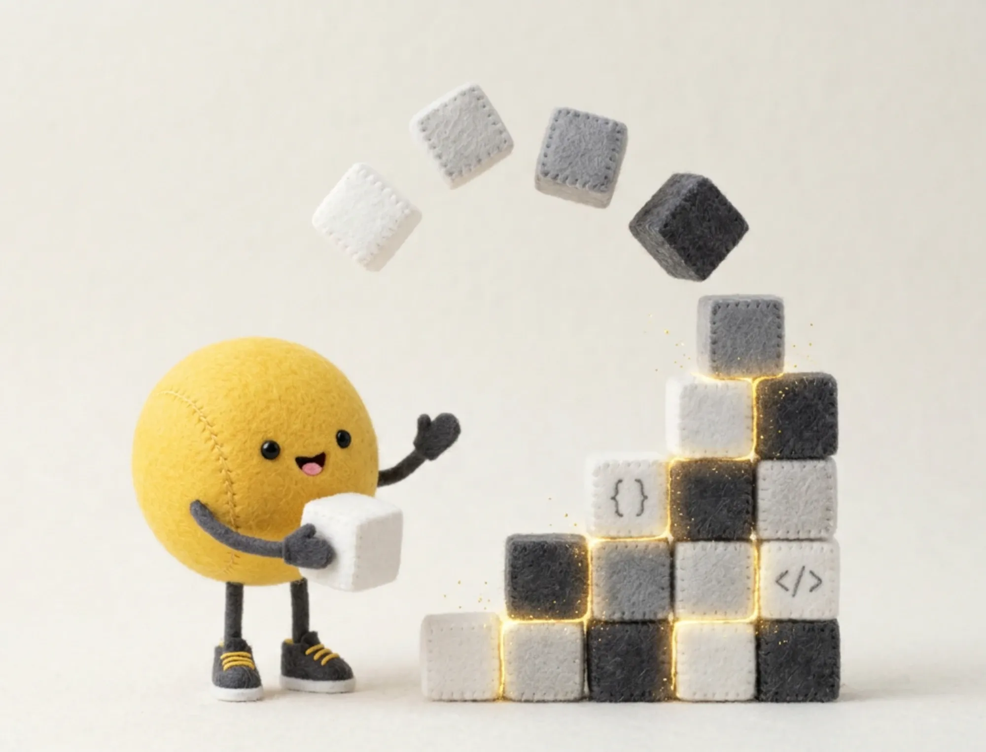 Una figura de feltre groga construeix un mur de blocs de feltre, alguns amb símbols de codi